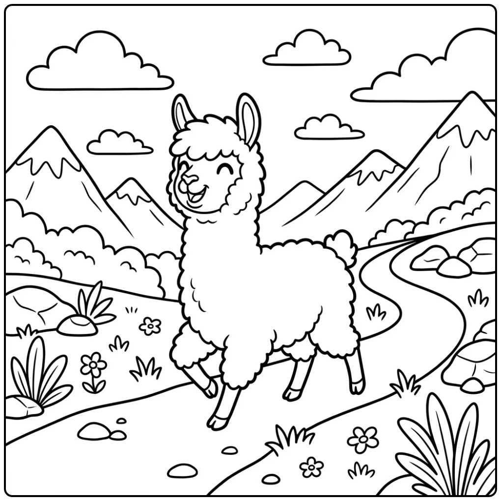 Happy alpaca coloring page in a mountain landscape