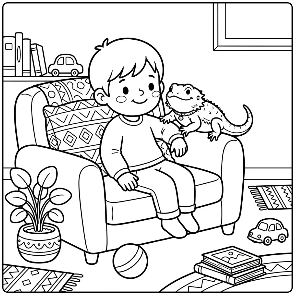 Bearded dragon coloring page on a childs shoulder