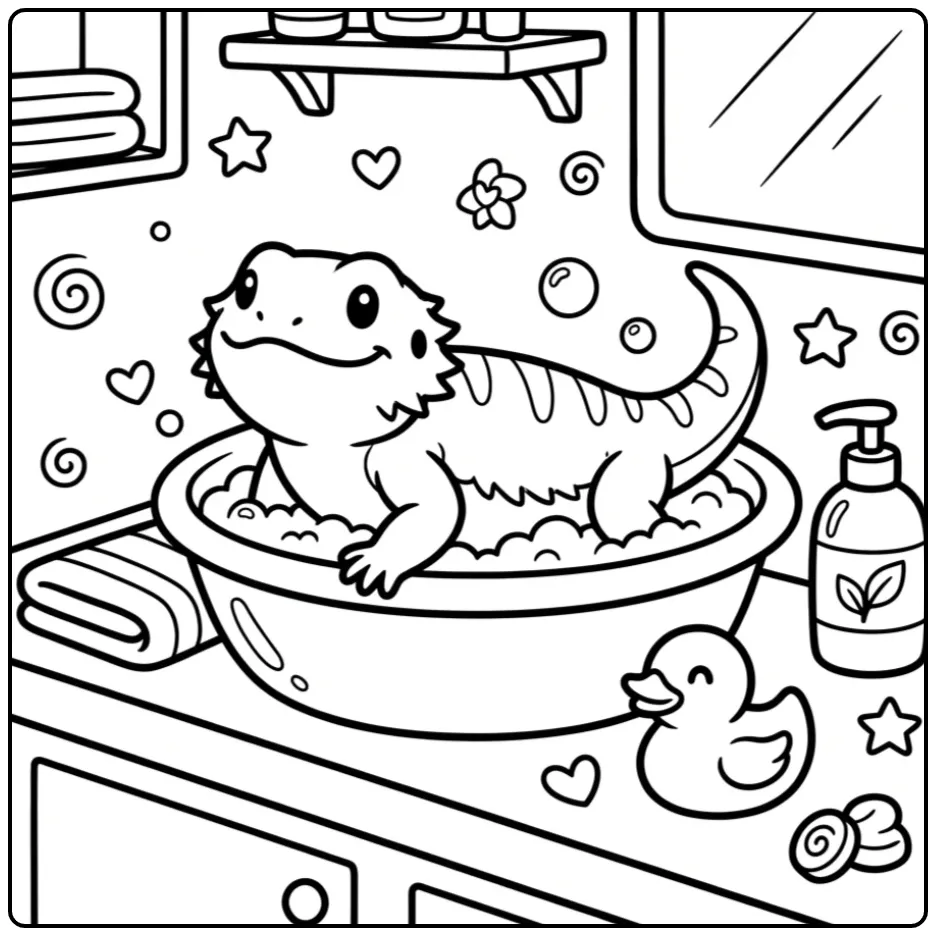 Bearded dragon coloring page taking a bath with a rubber duck