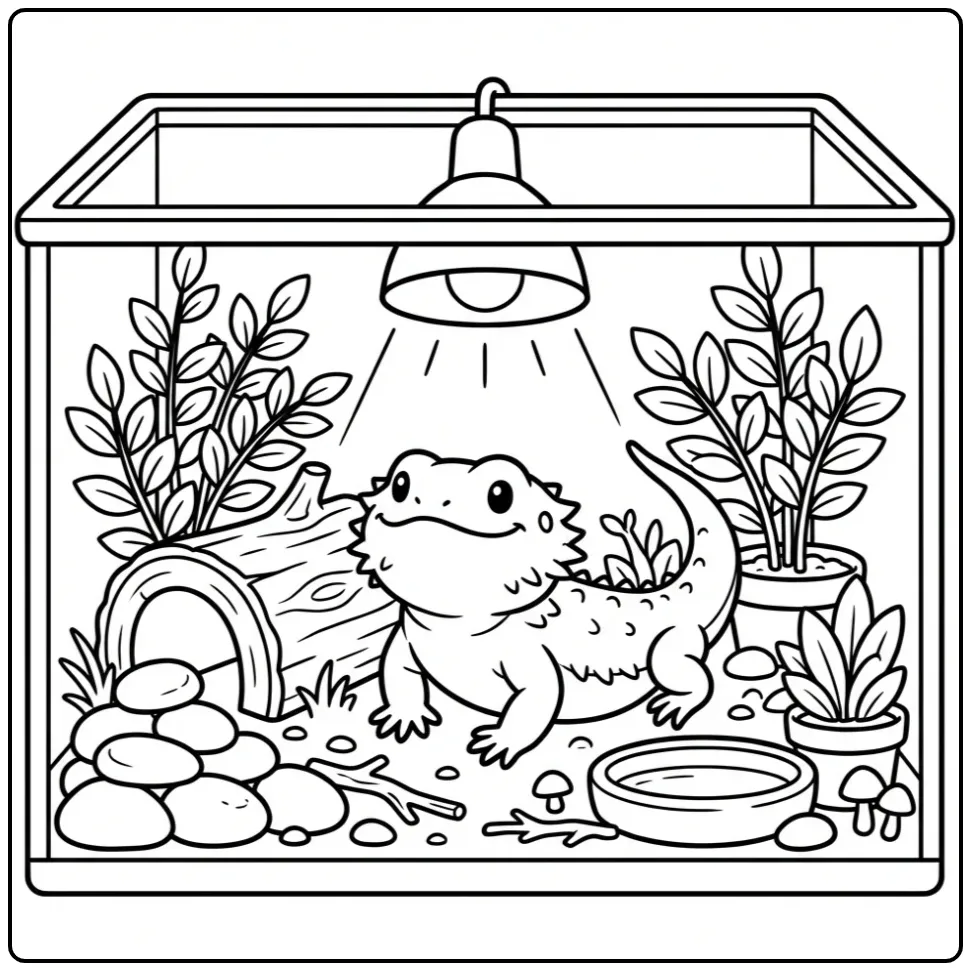 Bearded dragon coloring page basking on a log in a terrarium