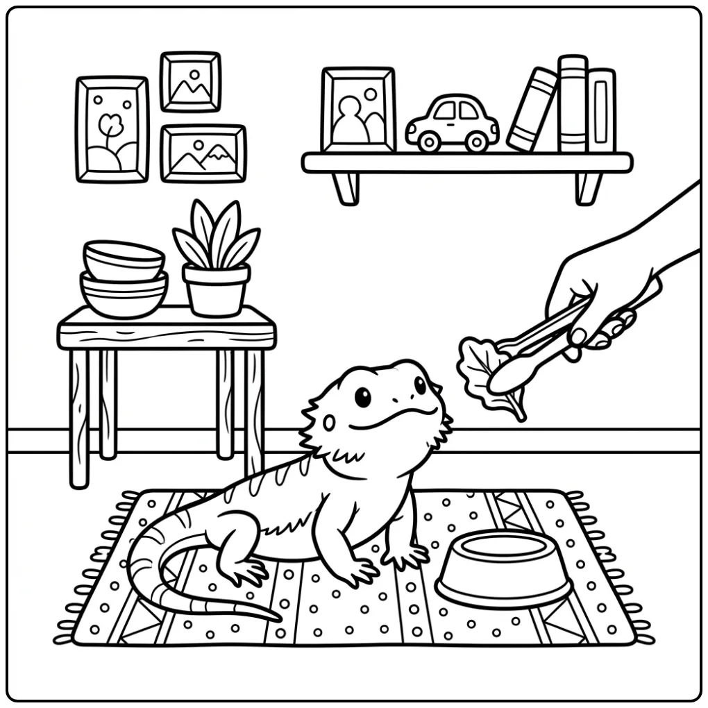 Bearded dragon coloring page by a food bowl with a leaf