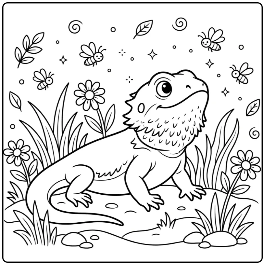 Bearded dragon coloring page watching fireflies in the grass