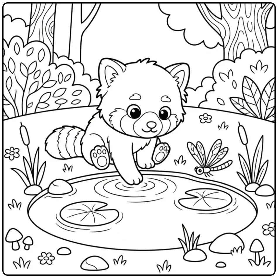 Baby red panda coloring page playing with water