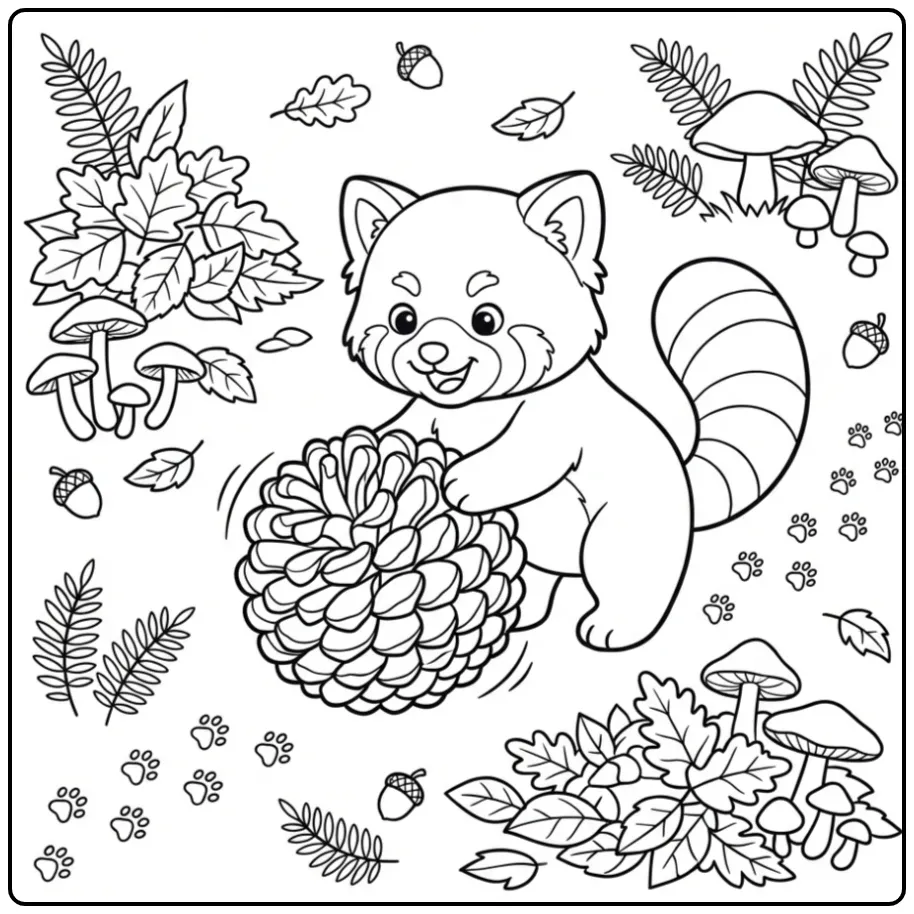 Baby red panda coloring page playing with a pinecone