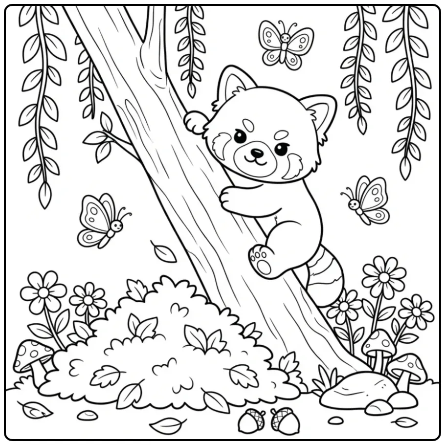 Baby red panda coloring page climbing with butterflies