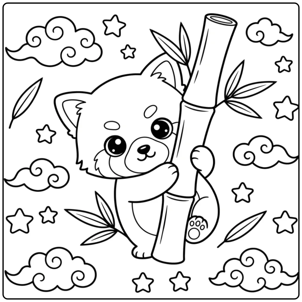 Baby red panda coloring page behind bamboo