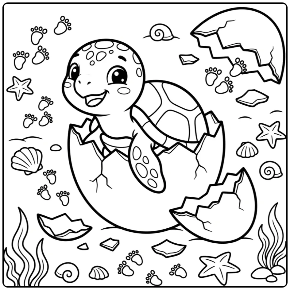 Baby turtle coloring page hatching from an egg