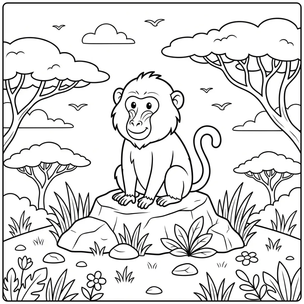 Baboon coloring page sitting on a rock