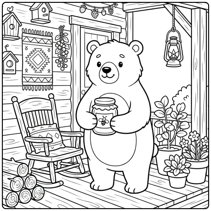 Bear coloring page with a honey pot on a porch