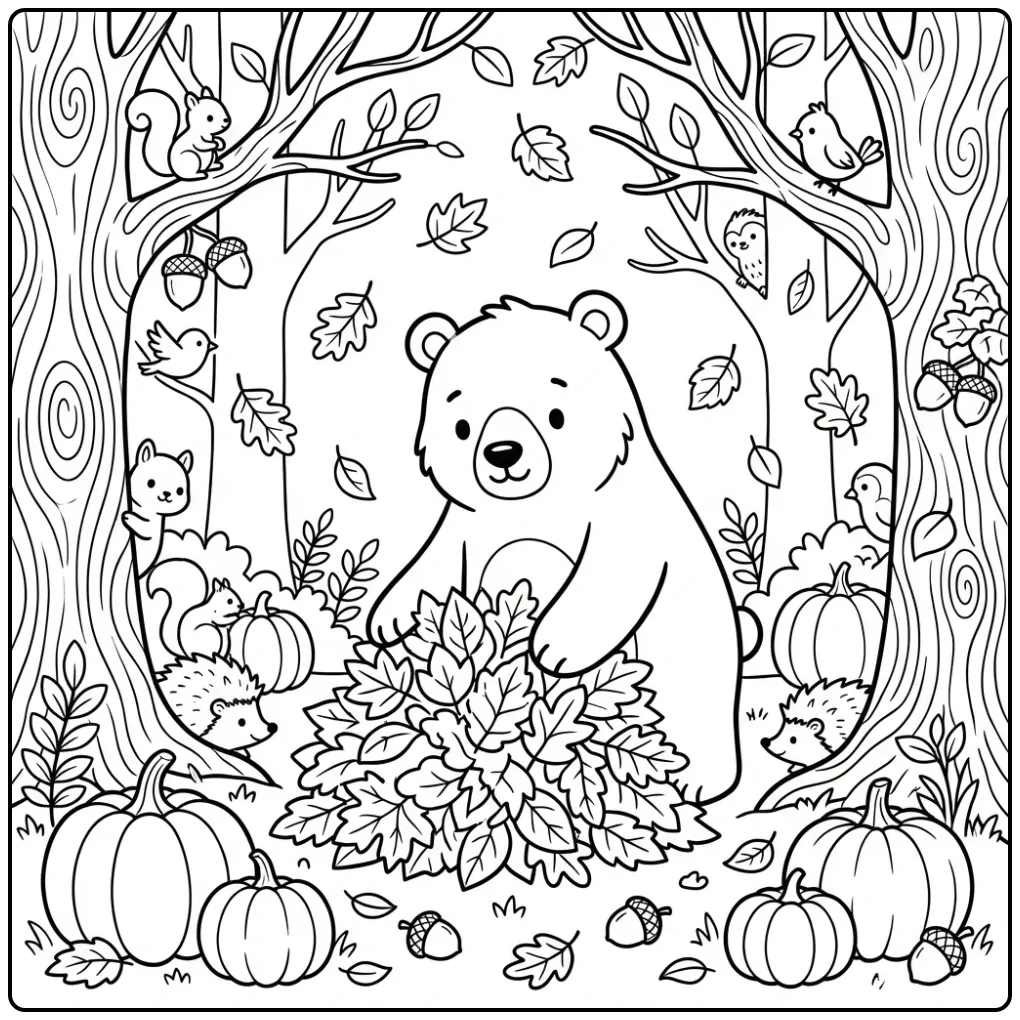 Bear coloring page playing with autumn leaves and pumpkins