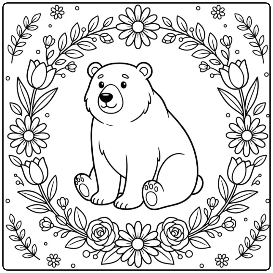 Realistic bear coloring page with flowers and leaves