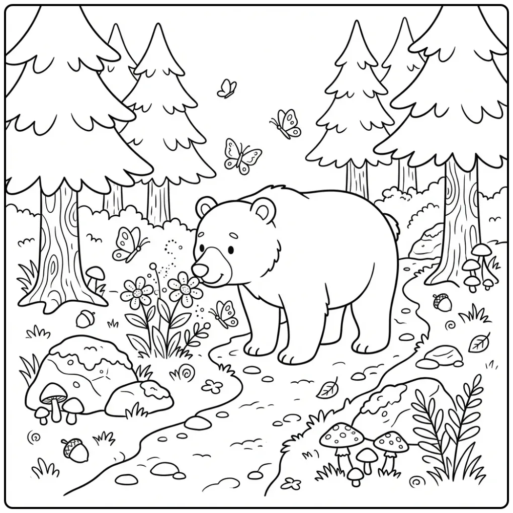 Bear coloring page in the forest with flowers and nature