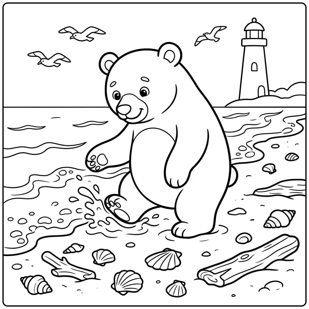 Bear coloring page splashing in the sea with shells