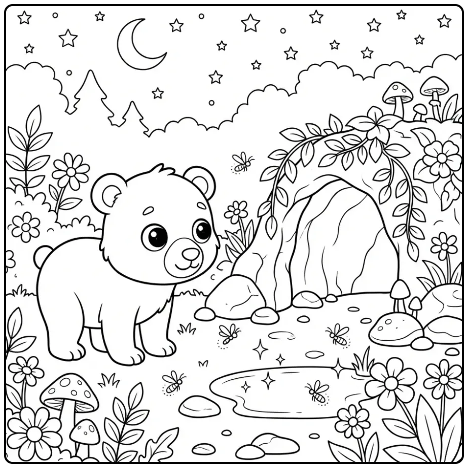 Teddy bear coloring page discovering a cozy forest cave