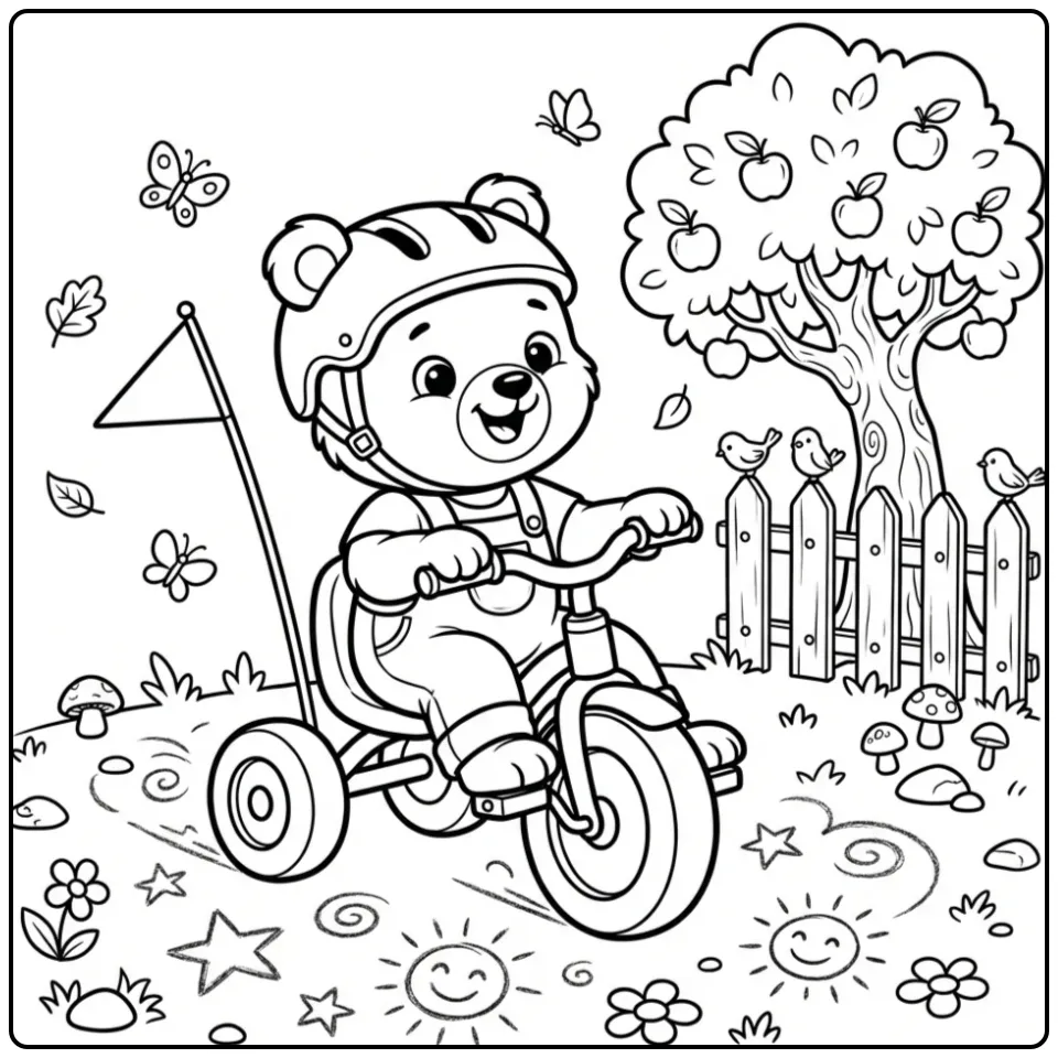 Teddy bear coloring page on a tricycle with a helmet