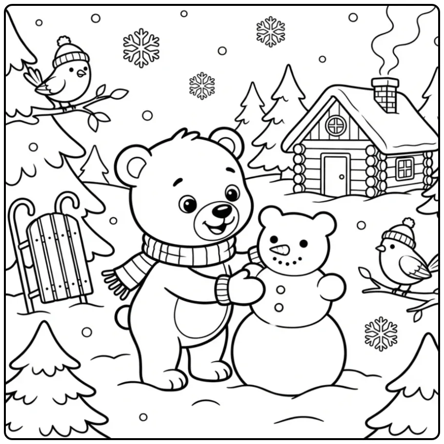 Teddy bear coloring page building a snowman by a cabin