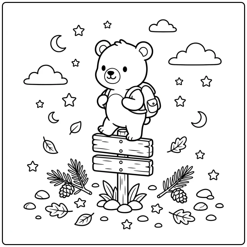 Teddy bear coloring page with a backpack on a signpost