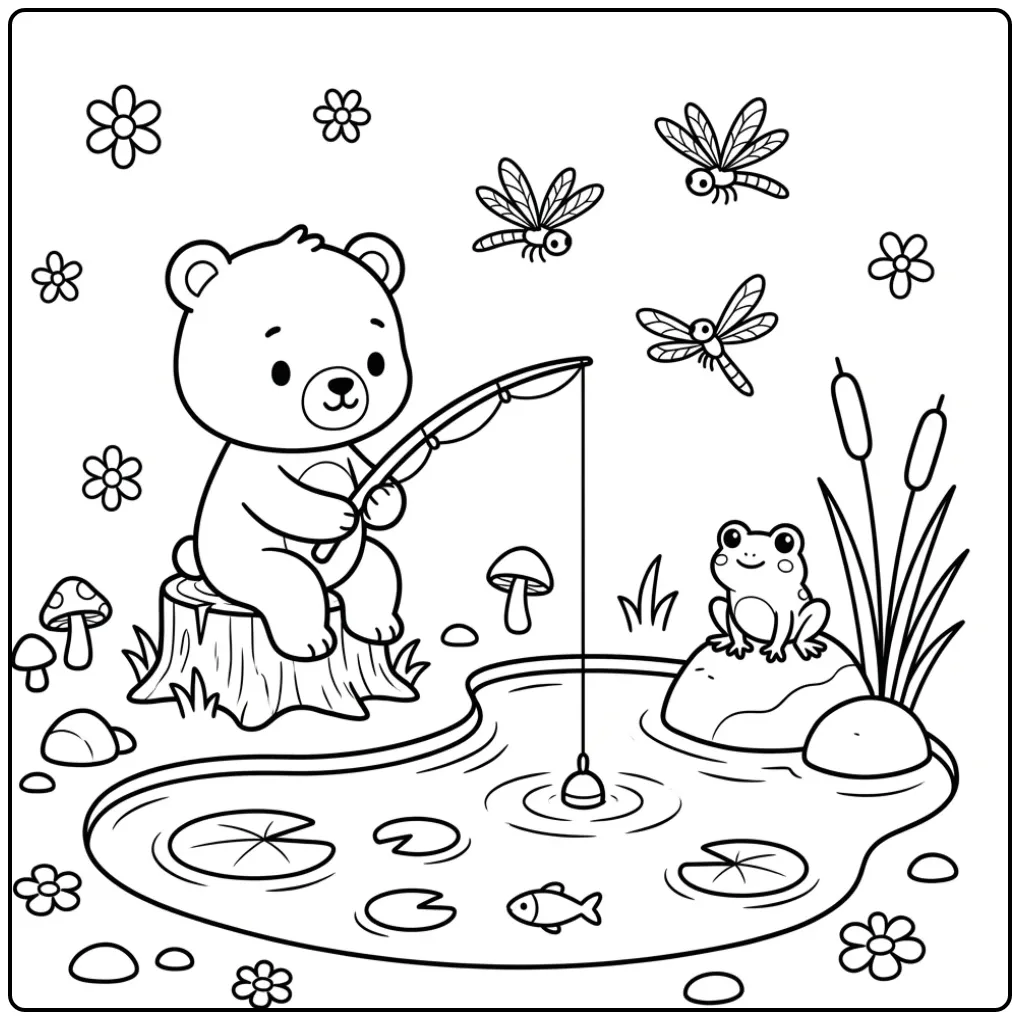 Teddy bear coloring page fishing by a pond