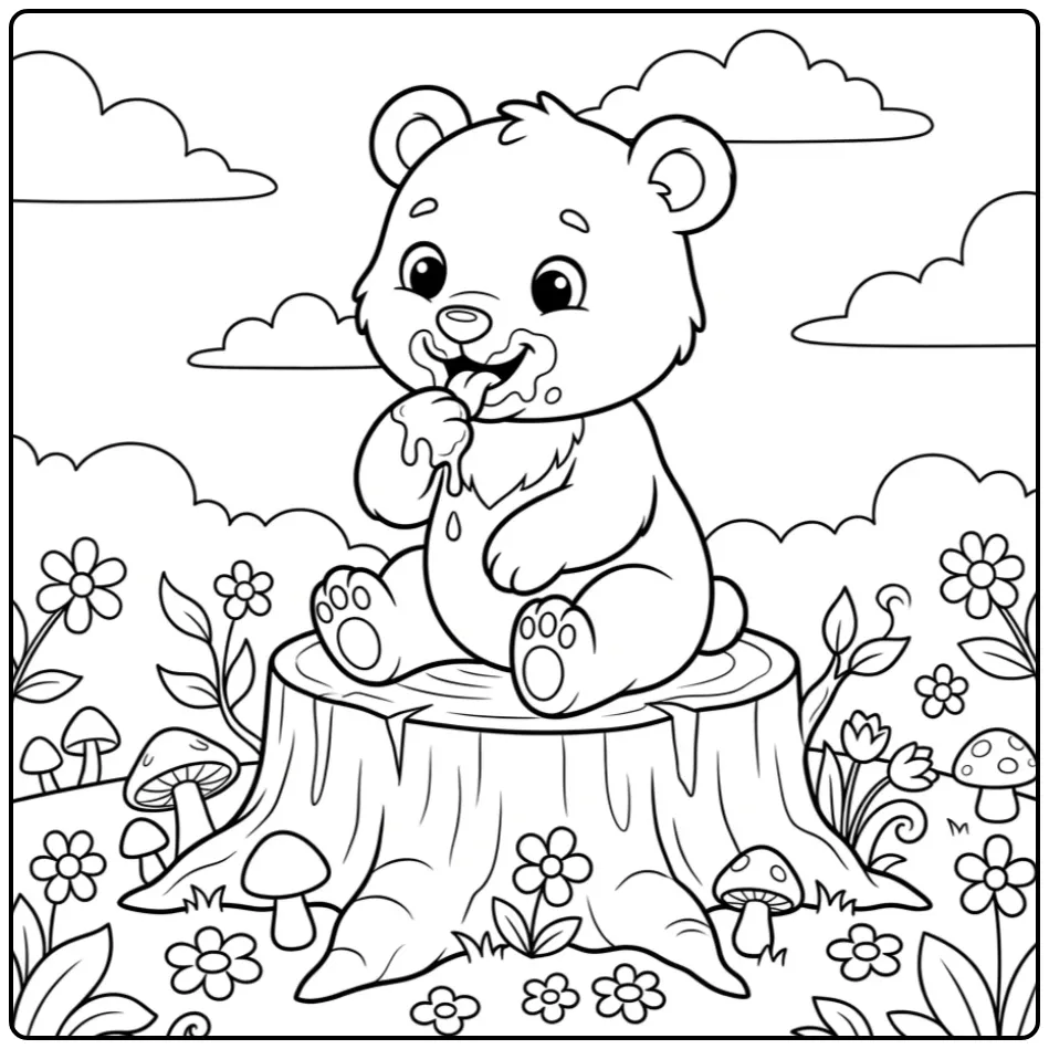 Teddy bear coloring page eating honey on a stump