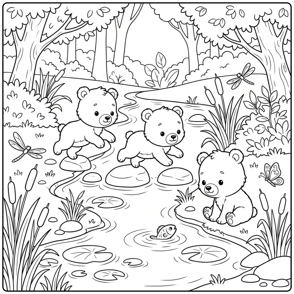 Teddy bears coloring page jumping over stepping stones