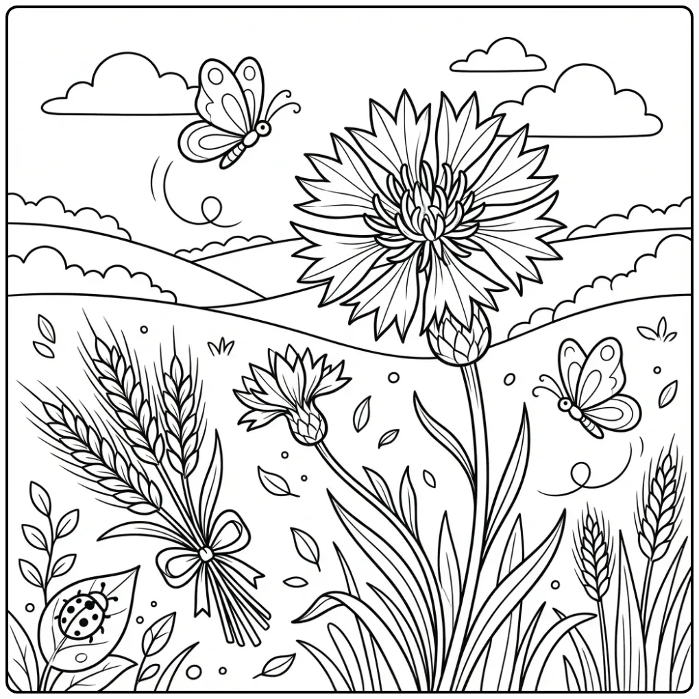 Flowers and butterflies coloring page with a cornflower