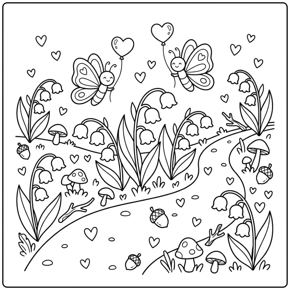 Flowers, butterflies, and hearts coloring page with balloons