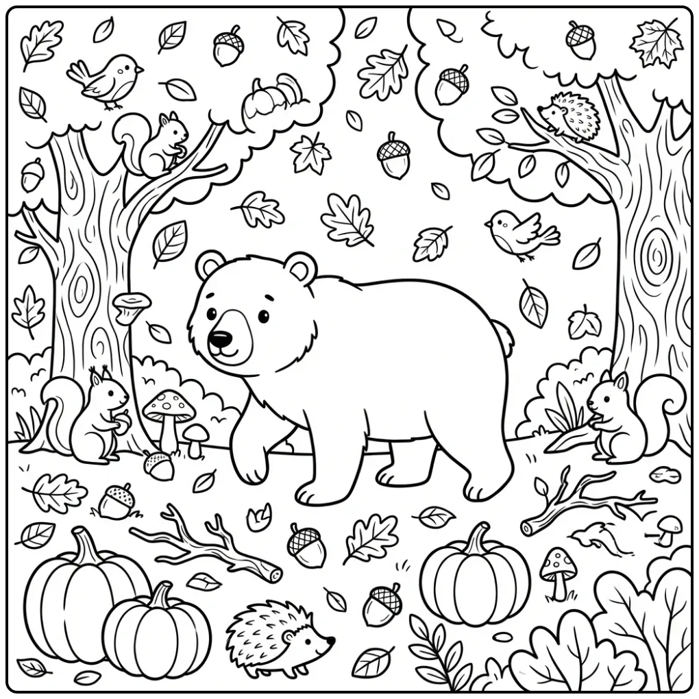 Brown bear coloring page walking in an autumn forest
