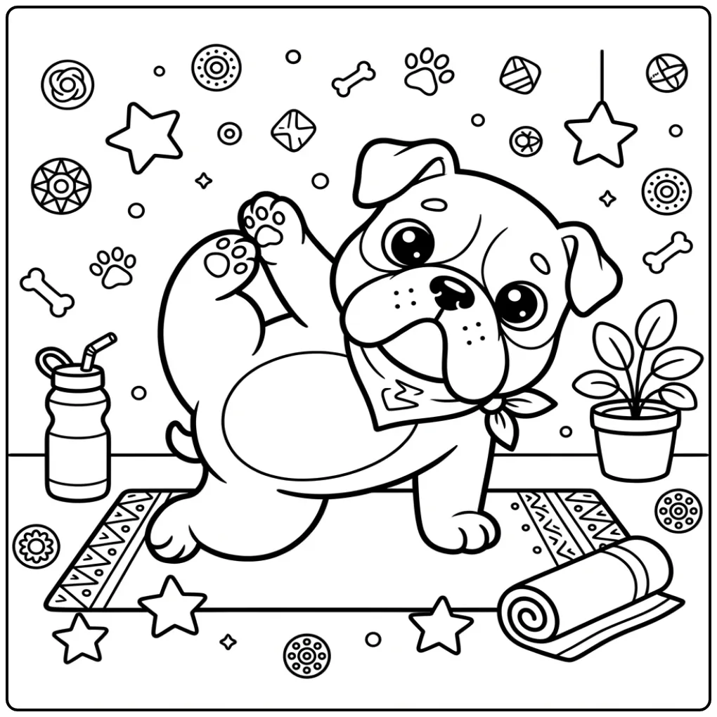 Cute Bulldog Doing Yoga Exercises coloring page
