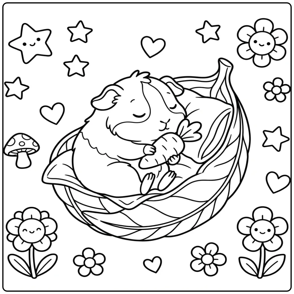 Baby Guinea Pig coloring page sleeping with a carrot plush