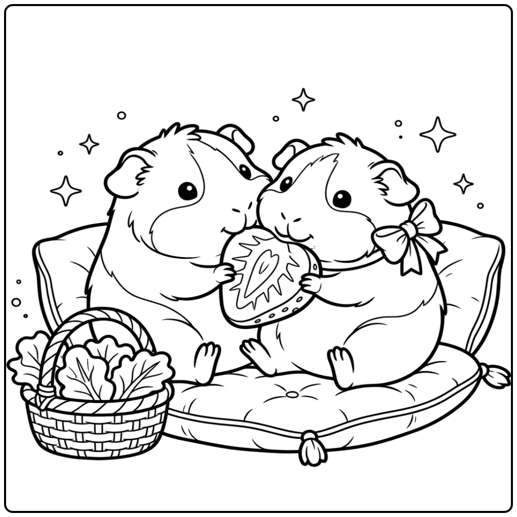 Baby Guinea Pig coloring page cuddling with a large strawberry