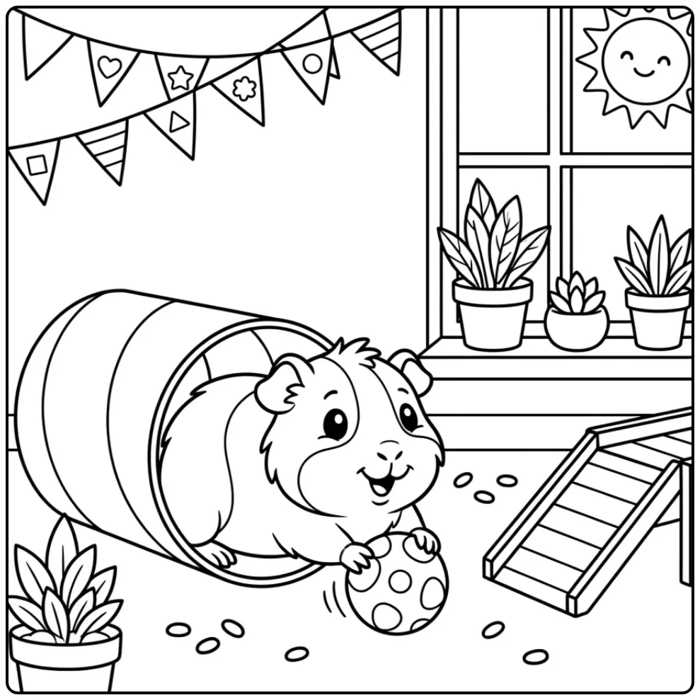 Baby Guinea Pig coloring page with a ball and tunnel
