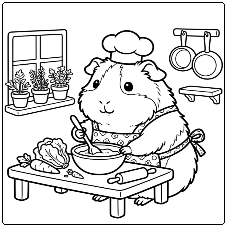 Guinea Pig coloring page cooking in a cozy kitchen