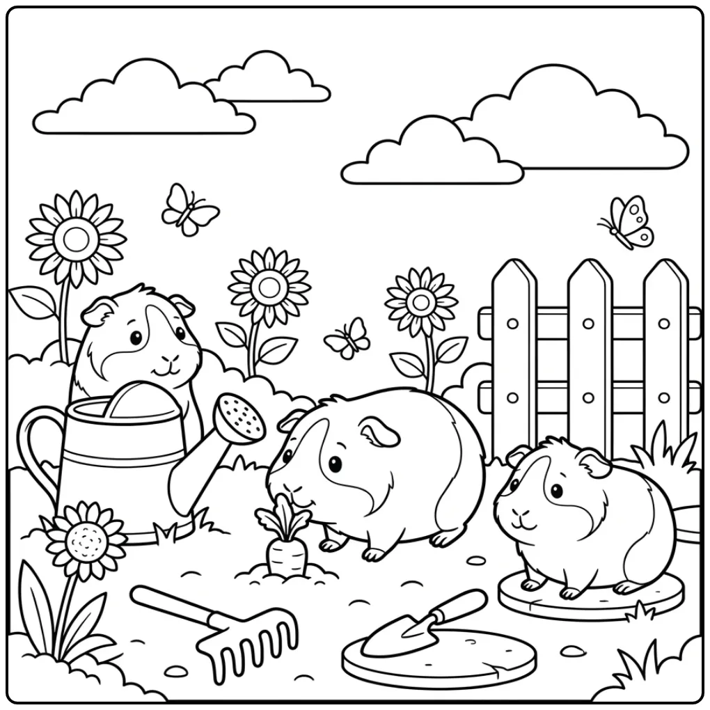 Guinea pigs coloring page in a garden with vegetables and flowers