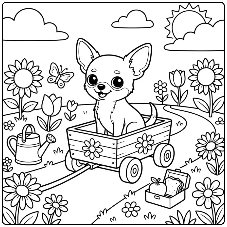 Cute Chihuahua in a Garden Wagon coloring page