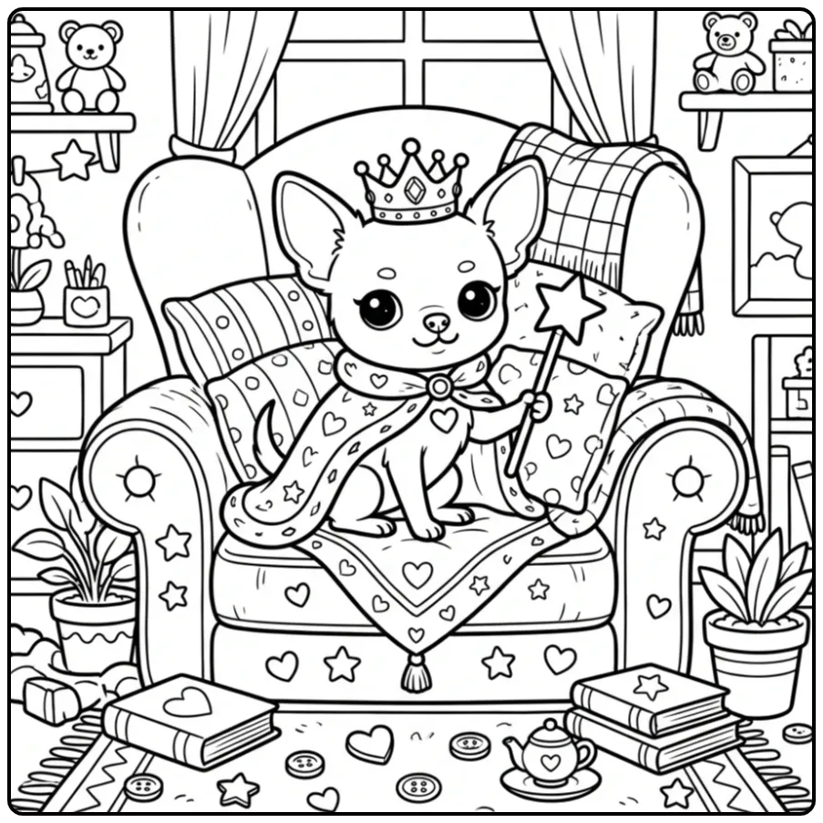 Cute Chihuahua on a Soft Cushion Throne coloring page