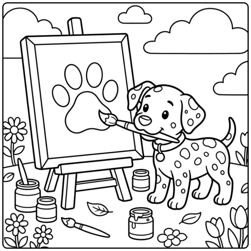 Cute Dalmatian Painting in the Garden coloring page