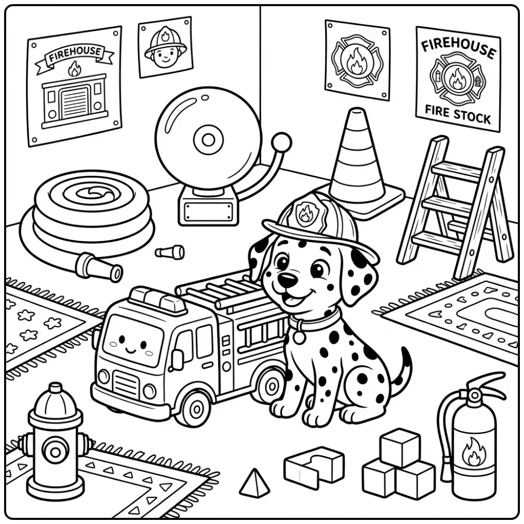 Cute Dalmatian with Firefighter Helmet and Car coloring page
