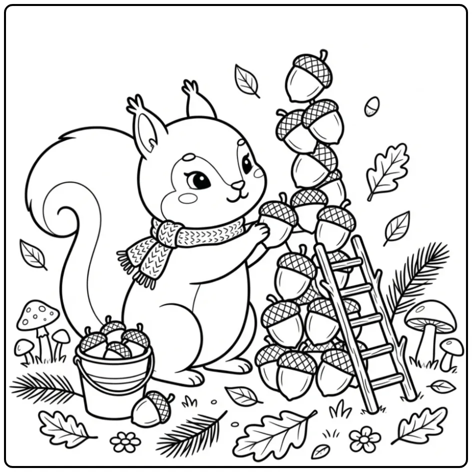 Squirrel coloring page building a tall acorn tower