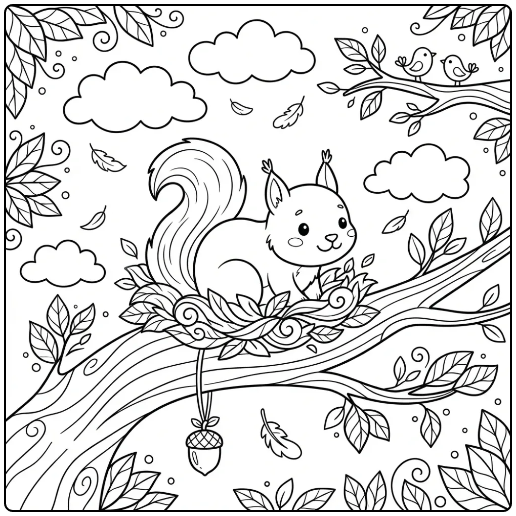 Squirrel coloring page building a nest in a tree