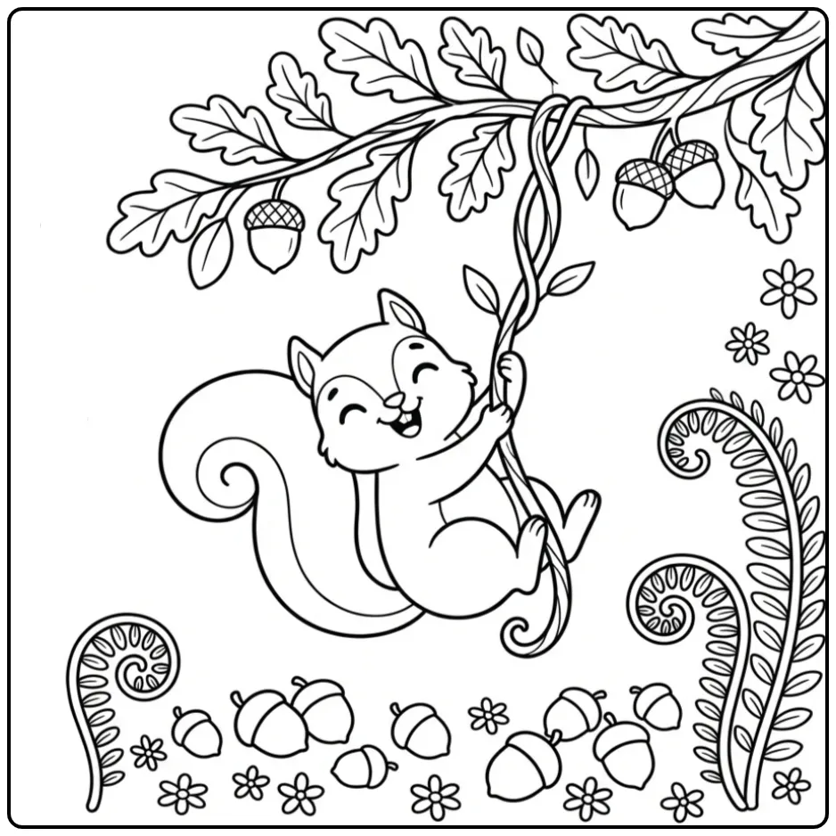 Squirrel coloring page swinging from a forest vine