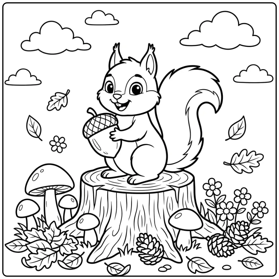 Squirrel coloring page holding an acorn on a stump