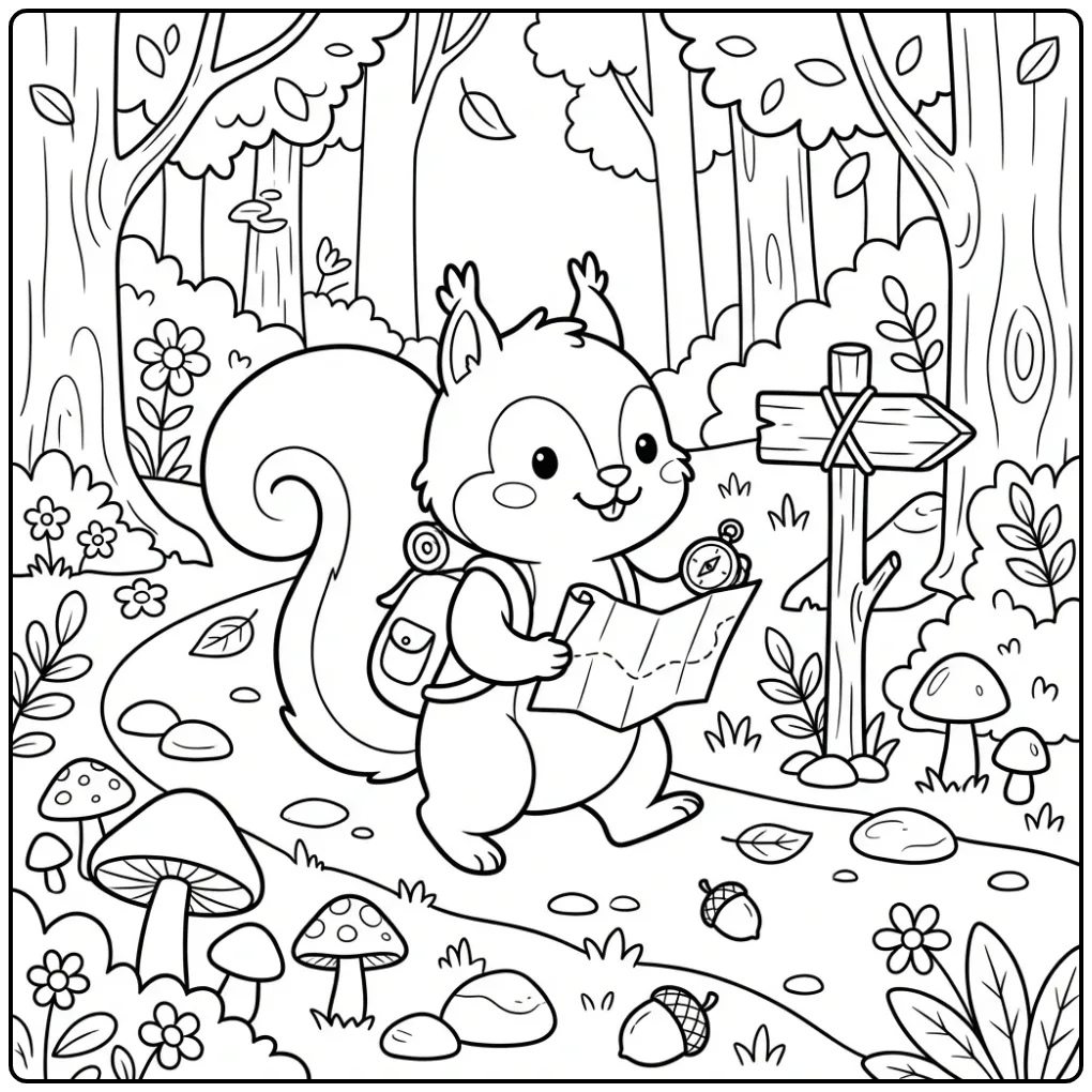 Explorer squirrel coloring page with a map and compass