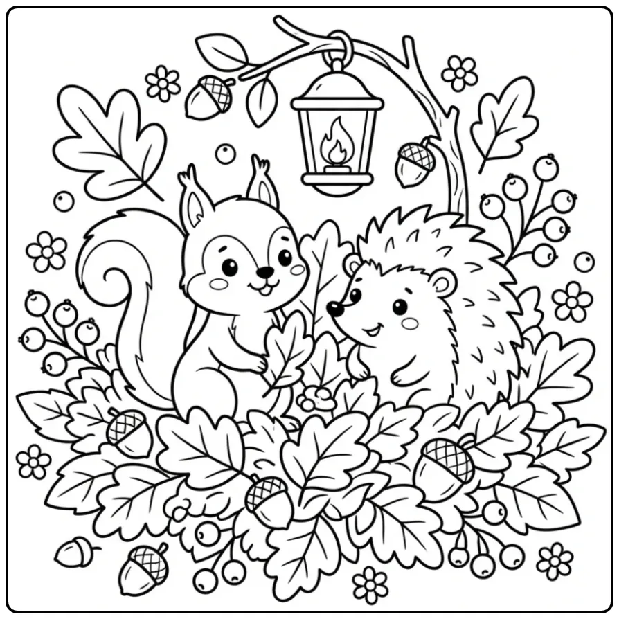 Squirrel coloring page playing in leaves with a hedgehog