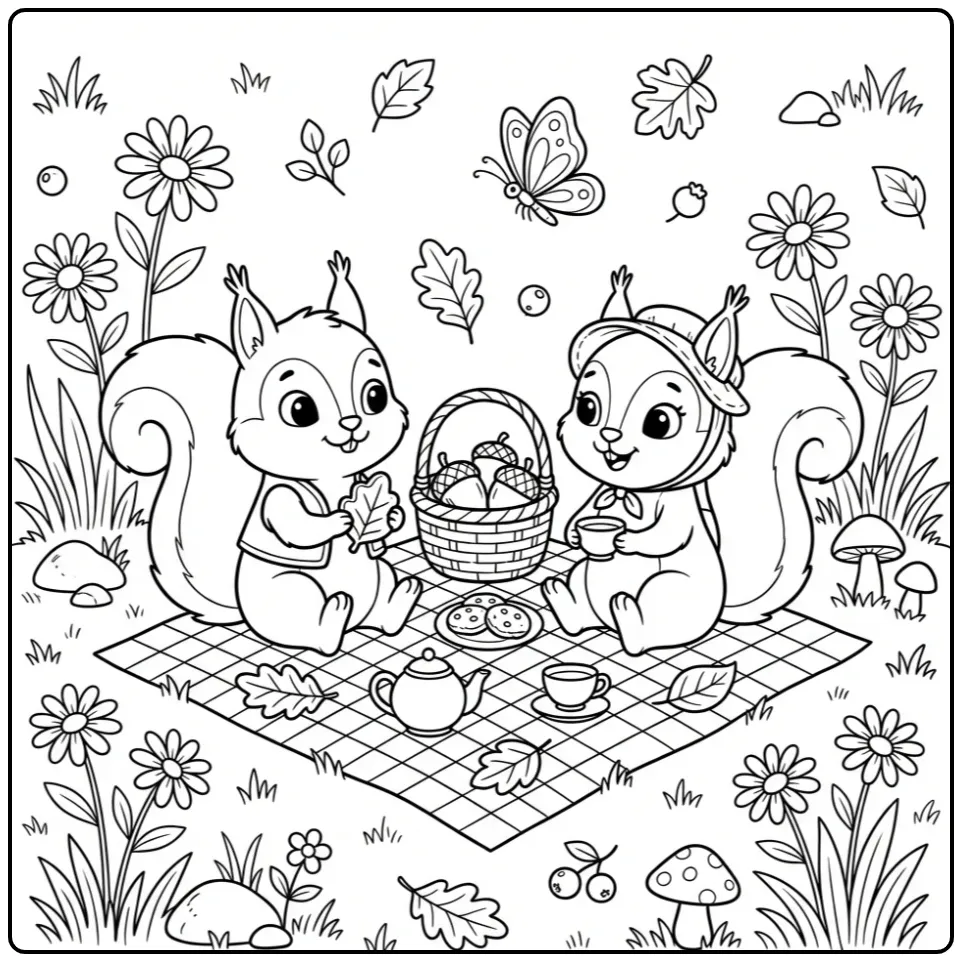 Squirrel coloring page with two squirrels at a picnic