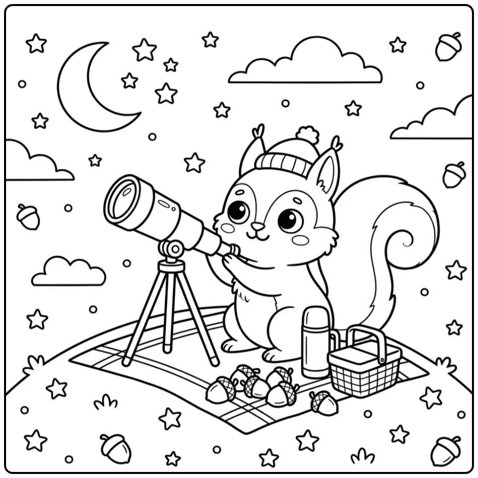 Squirrel coloring page stargazing through a telescope
