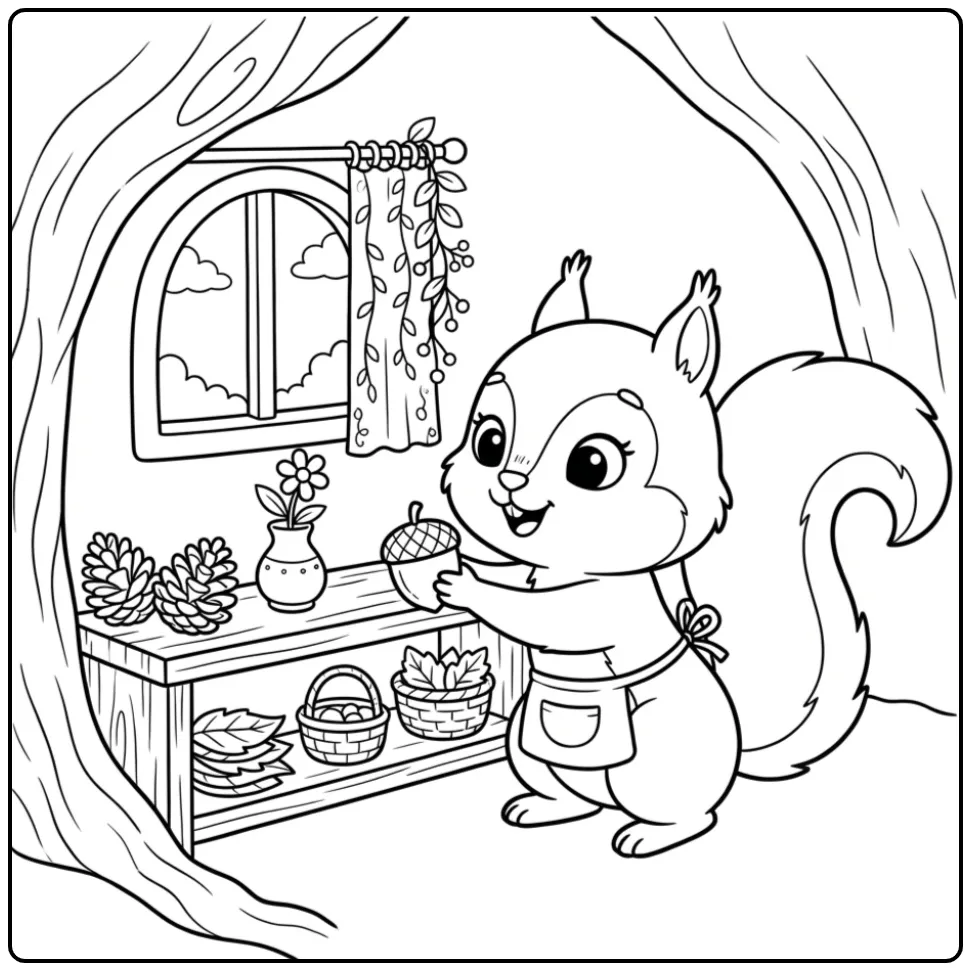 Squirrel coloring page decorating a treehouse