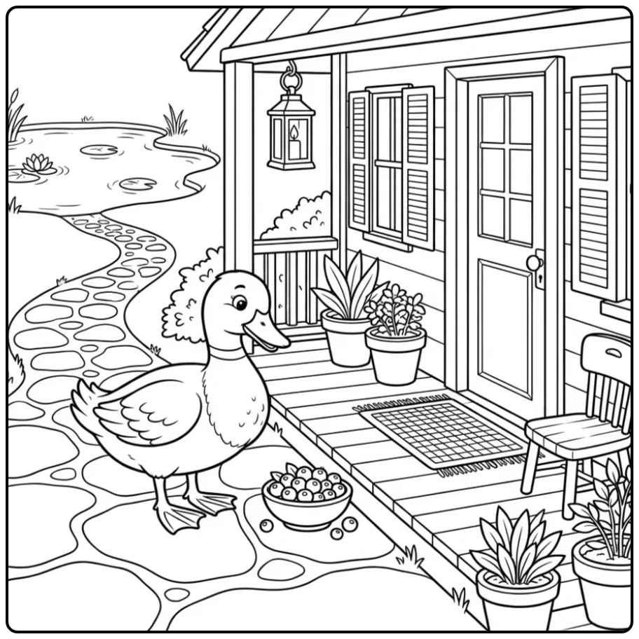 Duck coloring page on a porch with plants