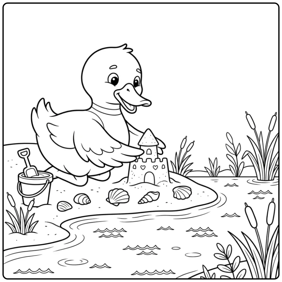 Duck coloring page with a bucket and shovel on the beach