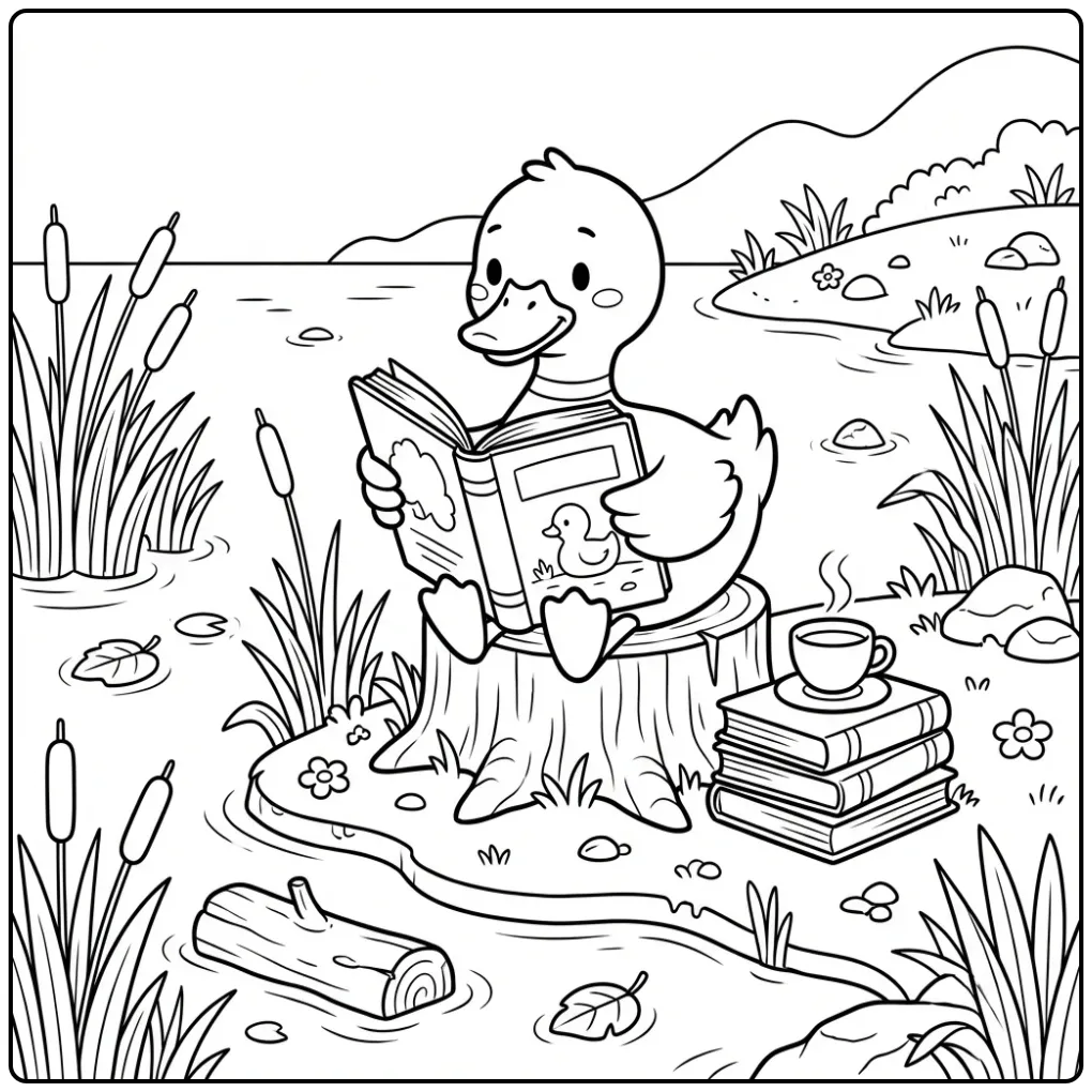 Duck coloring page on a stump with books