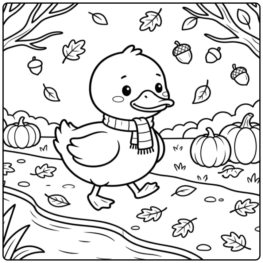 Duck coloring page with a scarf walking through autumn leaves